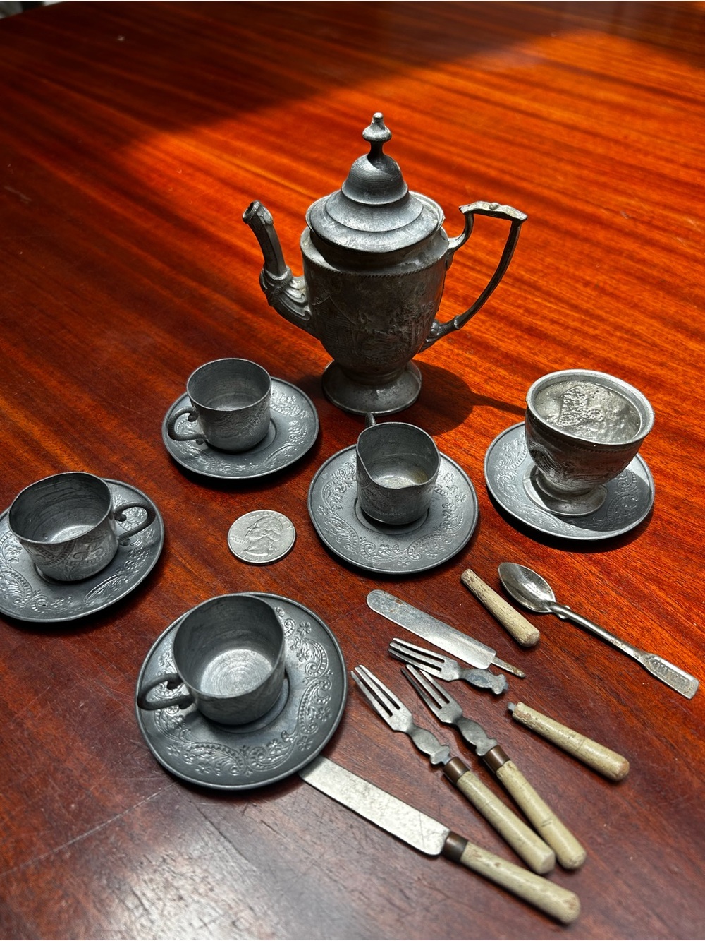 Vintage Children's Metal Toy Tea Set in Gray - Classic Pretend Play Accessories